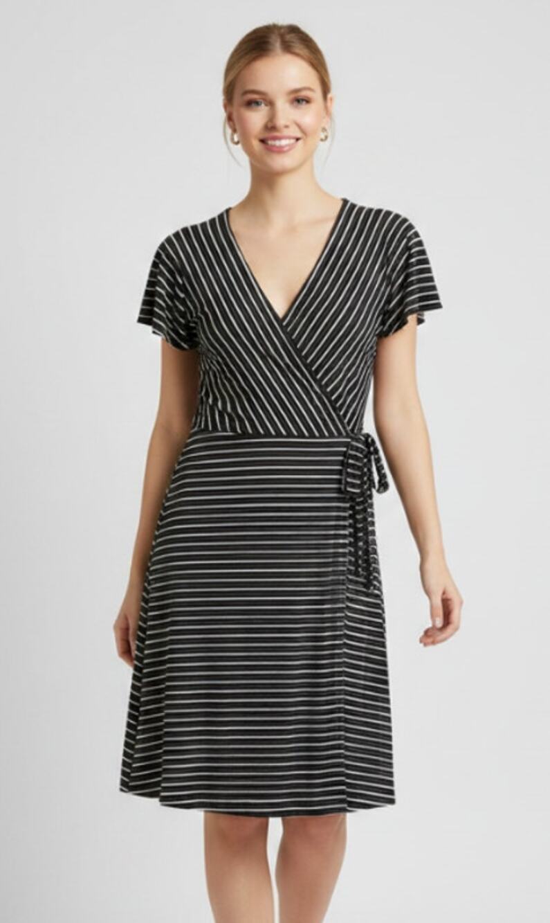 Kaleigh Striped Surplice V-Neck Faux Wrap Dress Navy/White Size Medium NEW​